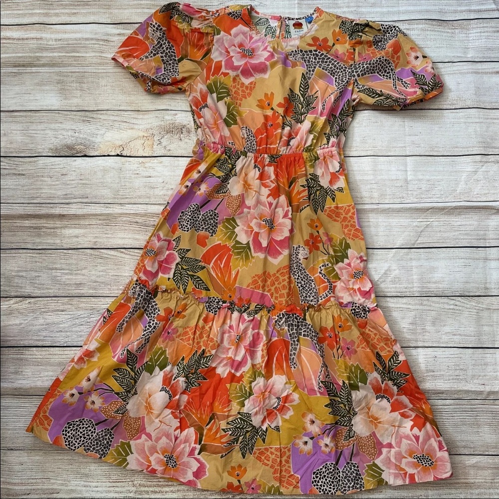 ANTHROPOLOGIE FARM RIO Maribel Floral Dress - Medium - Ruffle Leopard Puff